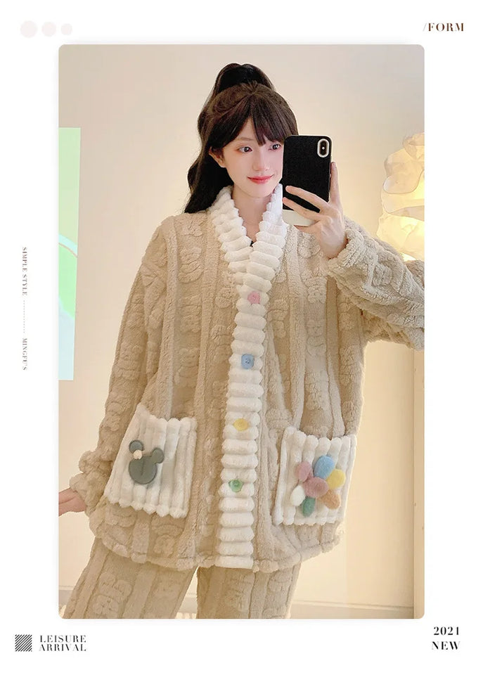 Cardigan lungo invernale da donna con motivo floreale ritagliato, comodo pigiama da casa, taglie forti, scollo a V, manica lunga