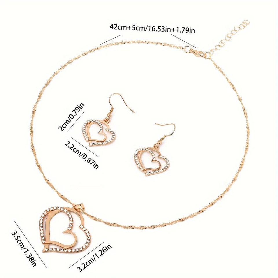 Collana con ciondolo a forma di cuore cavo a doppio strato con strass scintillanti, set di gioielli versatili per donna