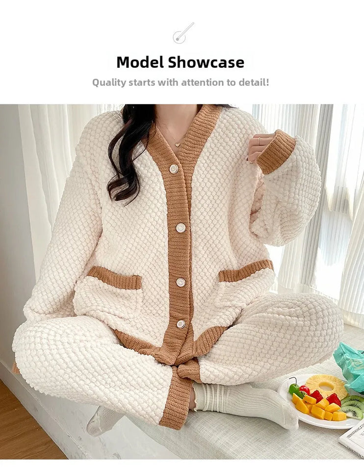 Camicia da notte premaman in flanella spessa, stile autunno inverno, cardigan per l'allattamento, manica lunga, pantaloni lunghi, calda camicia da notte per l'allattamento