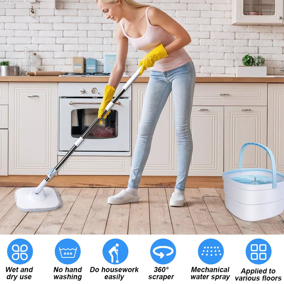 360° Spin Mop Bucket Sets with Wring System Microfiber Refills Household Floor Cleaning 102-128cm Extendable Adjustable Handle