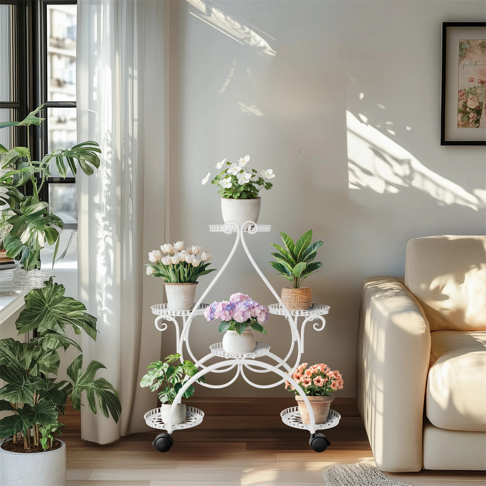 6 Portavasi in metallo per piante in vaso, carrello da giardino con ruote per soggiorno, balcone, giardino, portavasi per piante, espositore