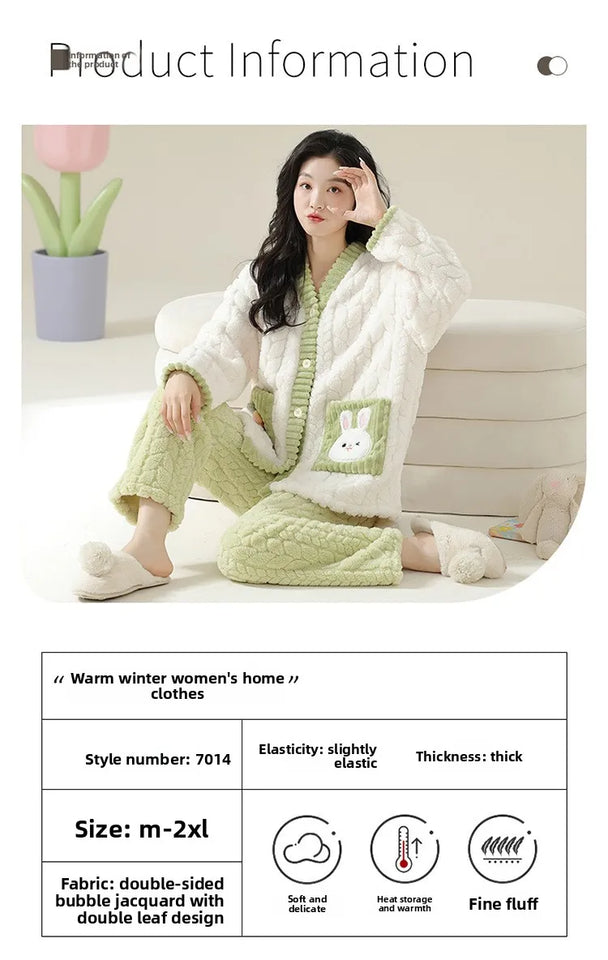 Pigiama in pile di corallo spesso, set di vestiti invernali da donna con motivo a coniglio, pantaloni in flanella calda a maniche lunghe e scollo a V