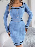 VigoCasey 2025 Abito in maglia aderente blu da donna, autunno inverno, casual, a maniche lunghe, con scollo quadrato, abiti in maglia casual da donna
