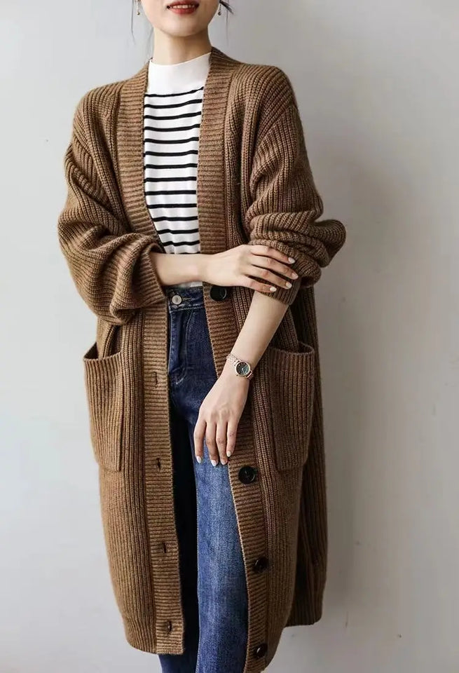 Cardigan giapponese da donna in maglia, di media e lunga lunghezza, in autunno e inverno, retrò, ampio e spesso, per capispalla