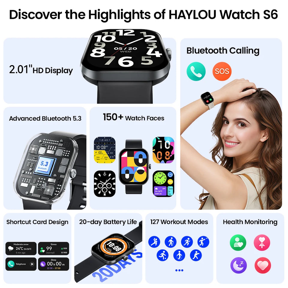 HAYLOU Watch S6 Smartwatch con display HD da 2,01", Bluetooth, chiamate vocali, IP68, impermeabile, monitoraggio del fitness