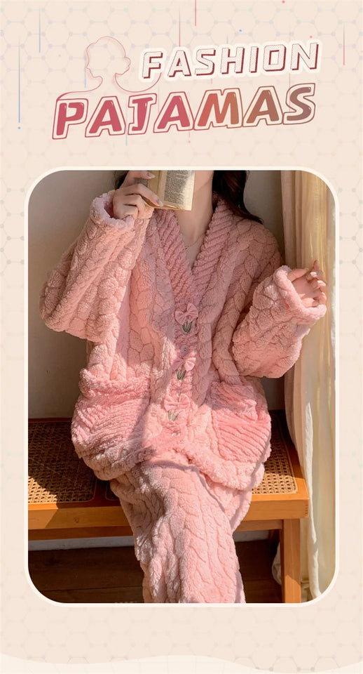 Pigiama in pile di corallo spesso, abbigliamento da casa per ragazze, stile dolce e carino, indossabile all'aperto, caldo, set da notte per l'autunno e l'inverno