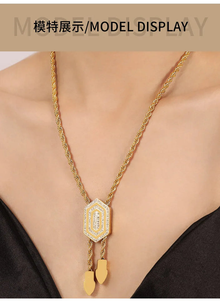 Set di bracciale e collana per donna, catena intrecciata con ciondolo esagonale in zirconia cubica, gioielli in acciaio inossidabile di alta qualità all'ingrosso