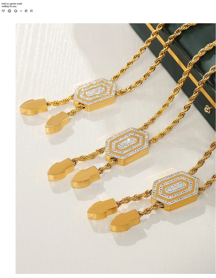 Set di bracciale e collana per donna, catena intrecciata con ciondolo esagonale in zirconia cubica, gioielli in acciaio inossidabile di alta qualità all'ingrosso