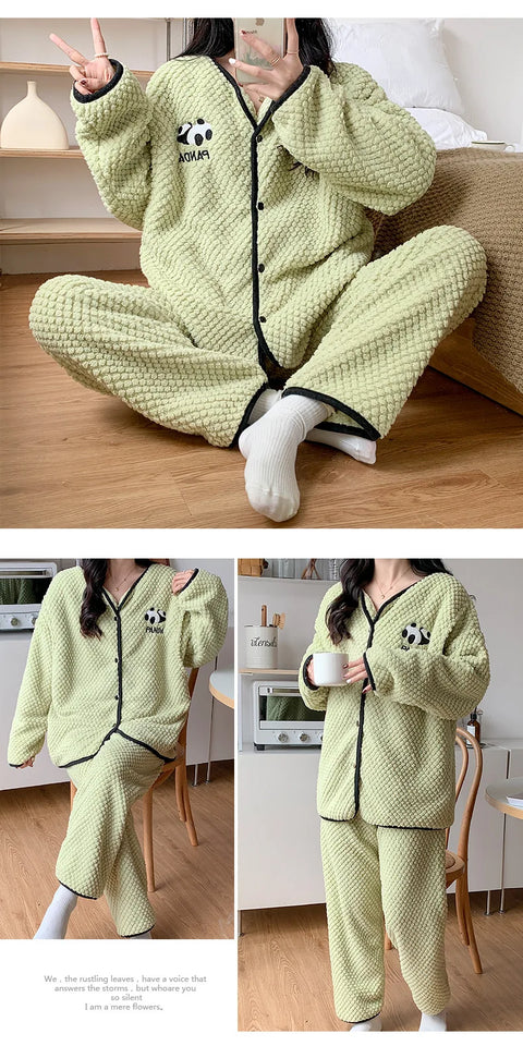 Camicia da notte premaman in flanella spessa, stile autunno inverno, cardigan per l'allattamento, manica lunga, pantaloni lunghi, calda camicia da notte per l'allattamento