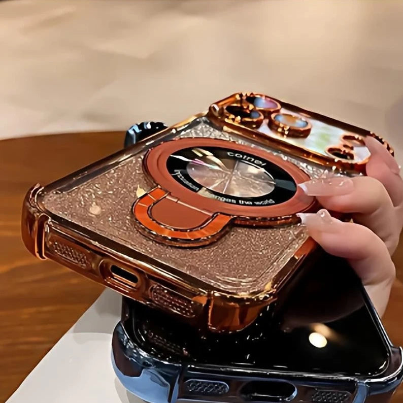 Supporto ad anello glitterato per custodia Magsafe per iPhone 14 15 16 17 Pro Max Plus 13 12 11 Air, pellicola protettiva per fotocamera sfumata