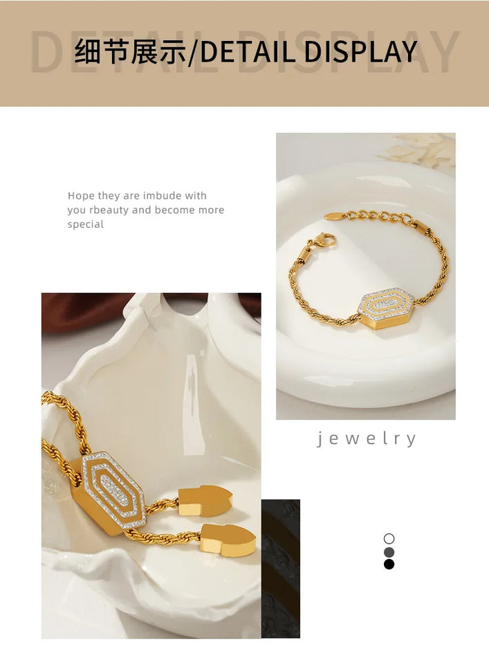 Set di bracciale e collana per donna, catena intrecciata con ciondolo esagonale in zirconia cubica, gioielli in acciaio inossidabile di alta qualità all'ingrosso