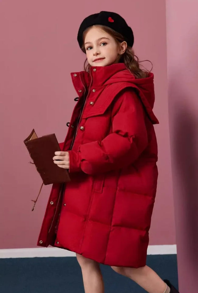Girls' 2025 New Winter Coat Down-Filled Hooded Mid-Length Cotton Jacket Stylish Casual Kids' Thermal Wear Outerwear Trendy
