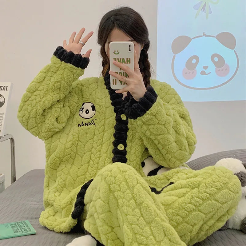 Pigiama in pile di corallo spesso, abbigliamento da casa per ragazze, stile dolce e carino, indossabile all'aperto, caldo, set da notte per l'autunno e l'inverno