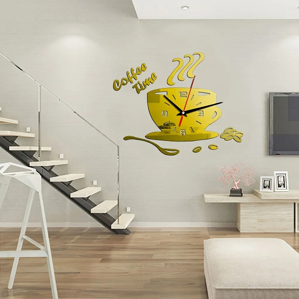 Coffee Cup Wall Stickers Creative Diy Acrylic Mirror Wall Clock Simple Home Decoration Mute Quartz Clock Without Battery