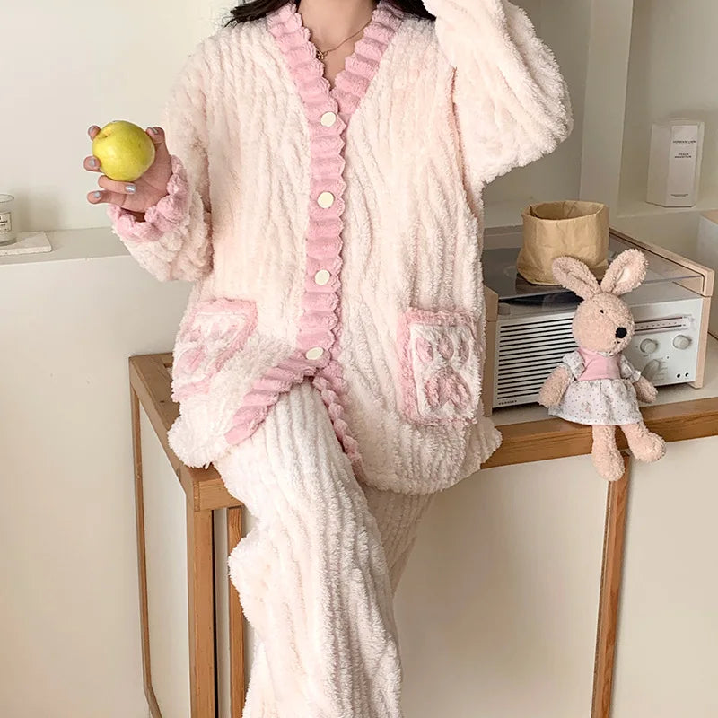 Completo post-parto in flanella spessa, autunno inverno, nuovo stile, camicia da notte premaman, vestiti caldi per l'allattamento, maniche lunghe, pantaloni lunghi