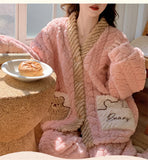 Pigiama in pile spesso da donna, set di vestiti invernali per la casa, design simpatico cartone animato, comodo e caldo, scollo a V, manica lunga