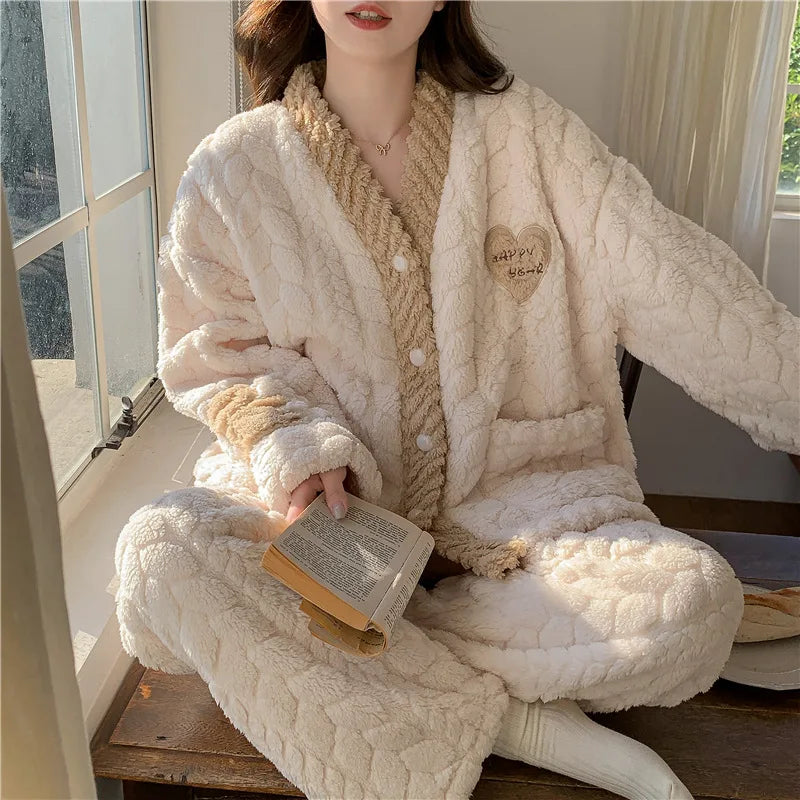 Pigiama in pile spesso da donna, set di vestiti invernali per la casa, design simpatico cartone animato, comodo e caldo, scollo a V, manica lunga