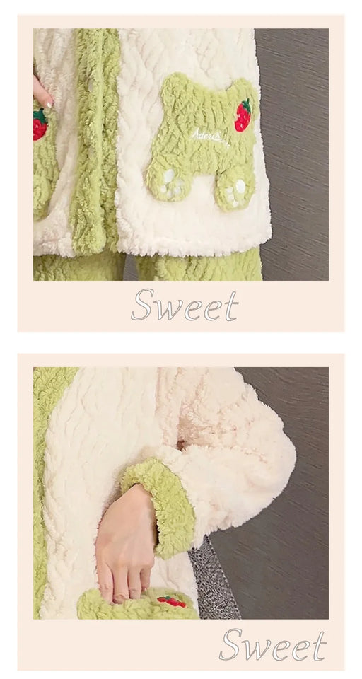 Pigiama lungo da donna in pile di corallo spesso Ins, grazioso pigiama da esterno a forma di fragola, comodo pigiama per l'autunno...