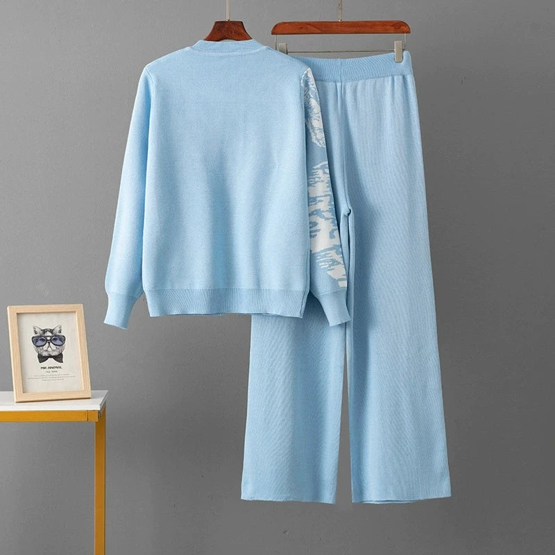 SINGREINY Set da 2 pezzi da donna in maglia jacquard invernale con monopetto e pantaloni lunghi a gamba larga, casual e sportivi