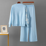 SINGREINY Set da 2 pezzi da donna in maglia jacquard invernale con monopetto e pantaloni lunghi a gamba larga, casual e sportivi