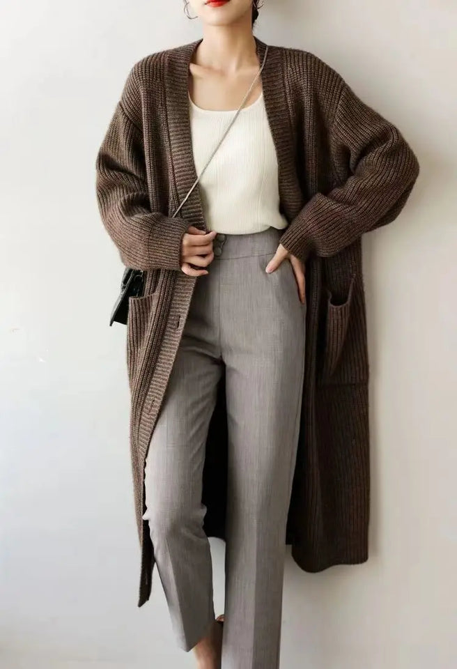 Cardigan giapponese da donna in maglia, di media e lunga lunghezza, in autunno e inverno, retrò, ampio e spesso, per capispalla