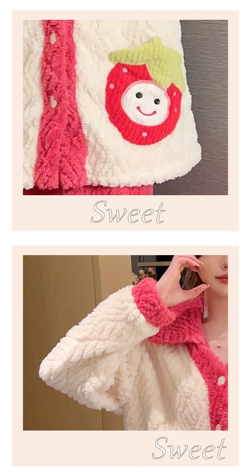 Pigiama lungo da donna in pile di corallo spesso Ins, grazioso pigiama da esterno a forma di fragola, comodo pigiama per l'autunno...