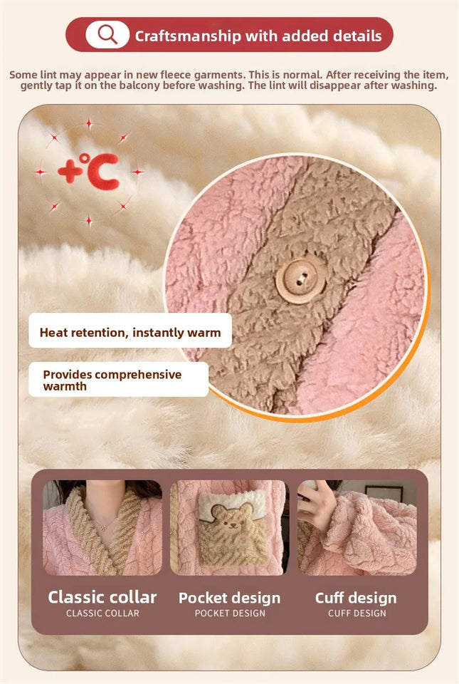 Pigiama in pile spesso da donna, set di vestiti invernali per la casa, design simpatico cartone animato, comodo e caldo, scollo a V, manica lunga