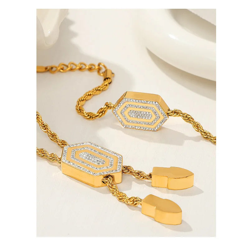 Set di bracciale e collana per donna, catena intrecciata con ciondolo esagonale in zirconia cubica, gioielli in acciaio inossidabile di alta qualità all'ingrosso
