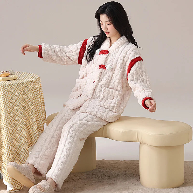 Pigiama in pile di corallo spesso, set di vestiti invernali da donna con motivo a coniglio, pantaloni in flanella calda a maniche lunghe e scollo a V