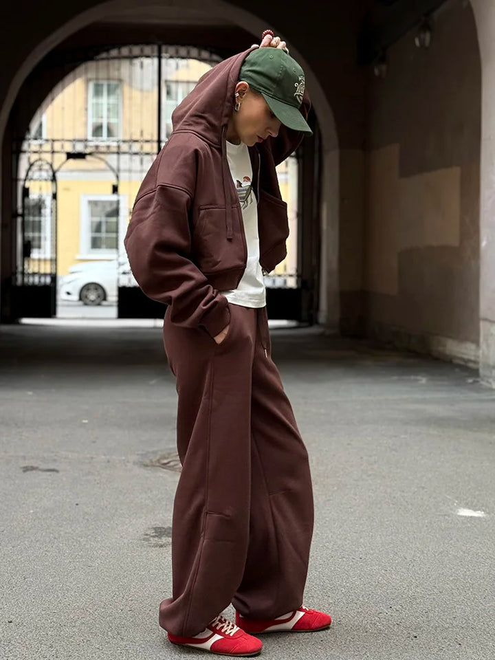 Tute da donna, tuta invernale in pile marrone, calda felpa con cappuccio e cerniera, set di pantaloni da tuta da donna, set di pantaloni in velluto da 2 pezzi