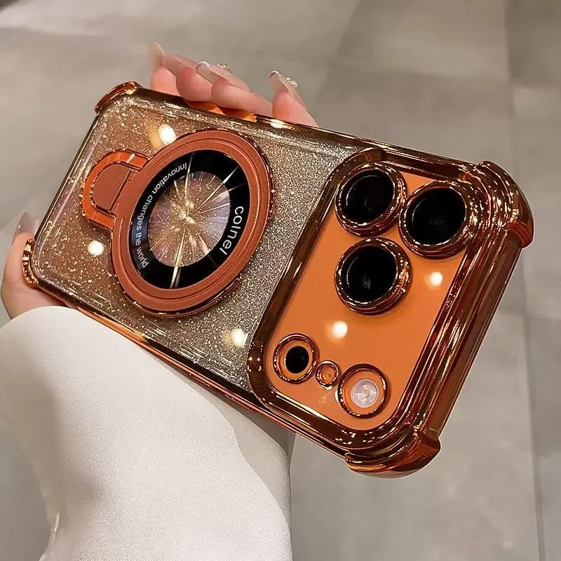 Supporto ad anello glitterato per custodia Magsafe per iPhone 14 15 16 17 Pro Max Plus 13 12 11 Air, pellicola protettiva per fotocamera sfumata