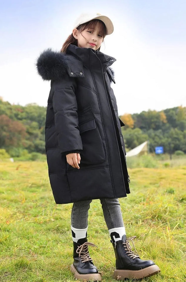 New 2025 Winter Girls' Thermal Insulated Down Jacket - Trendy Stylish Mid-Length Winter Coat for Kids, Warmth & Fashion Combo