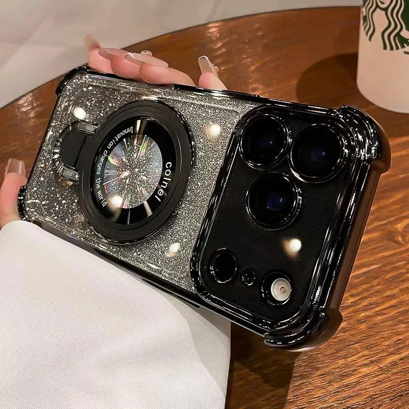 Supporto ad anello glitterato per custodia Magsafe per iPhone 14 15 16 17 Pro Max Plus 13 12 11 Air, pellicola protettiva per fotocamera sfumata