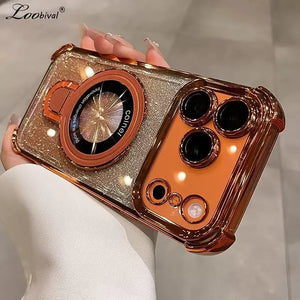 Supporto ad anello glitterato per custodia Magsafe per iPhone 14 15 16 17 Pro Max Plus 13 12 11 Air, pellicola protettiva per fotocamera sfumata