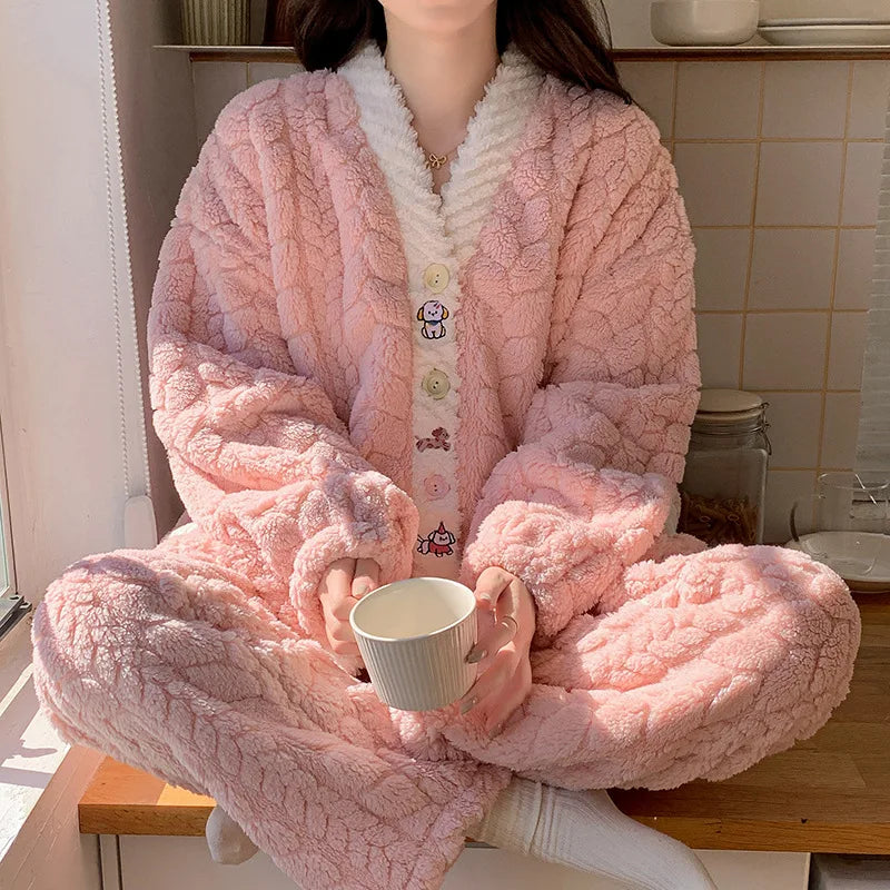 Pigiama in pile spesso da donna, set di vestiti invernali per la casa, design simpatico cartone animato, comodo e caldo, scollo a V, manica lunga