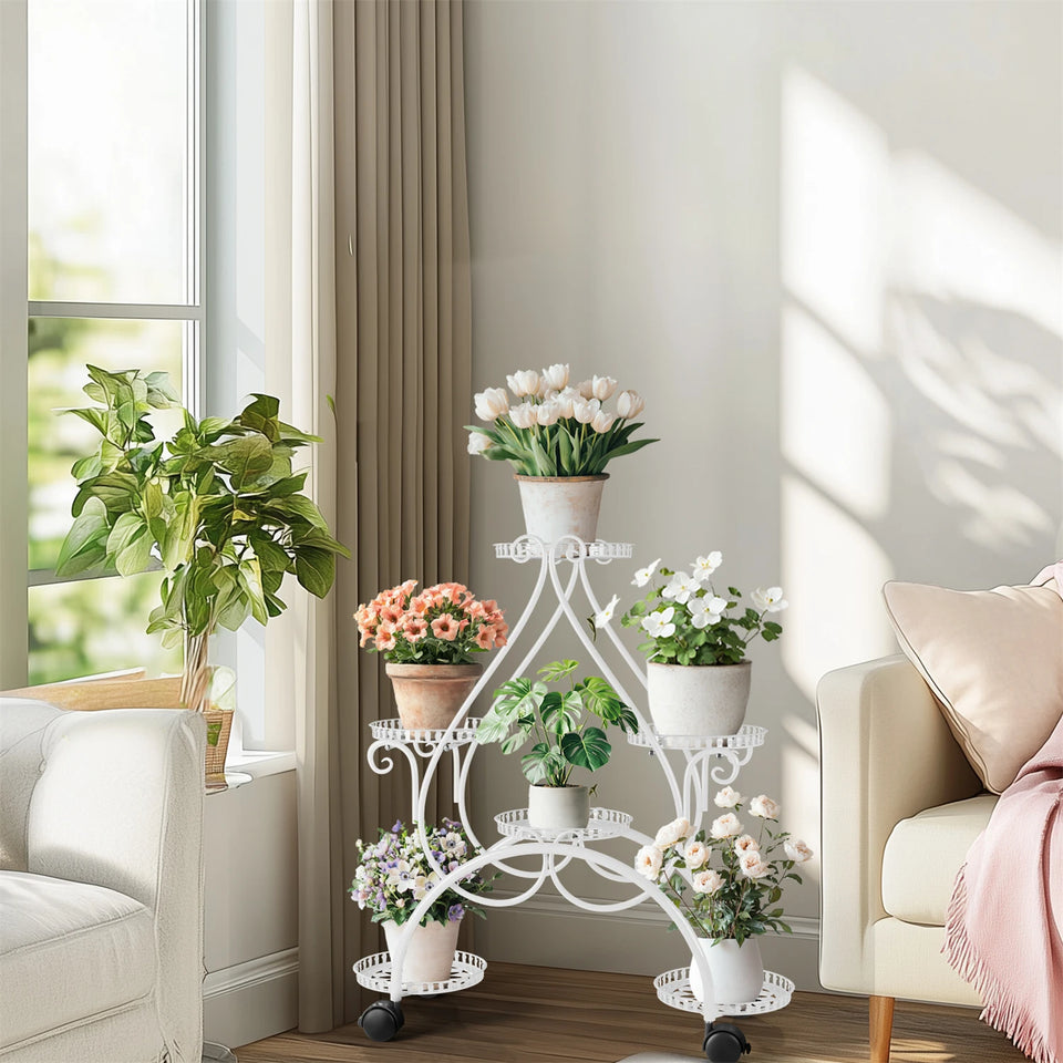 6 Portavasi in metallo per piante in vaso, carrello da giardino con ruote per soggiorno, balcone, giardino, portavasi per piante, espositore