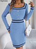 VigoCasey 2025 Abito in maglia aderente blu da donna, autunno inverno, casual, a maniche lunghe, con scollo quadrato, abiti in maglia casual da donna