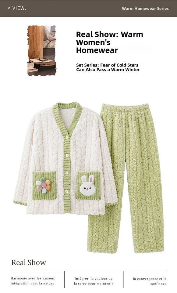 Pigiama in pile di corallo spesso, set di vestiti invernali da donna con motivo a coniglio, pantaloni in flanella calda a maniche lunghe e scollo a V