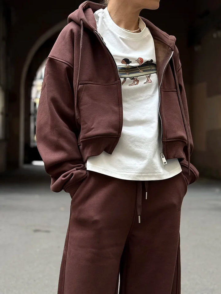 Tute da donna, tuta invernale in pile marrone, calda felpa con cappuccio e cerniera, set di pantaloni da tuta da donna, set di pantaloni in velluto da 2 pezzi