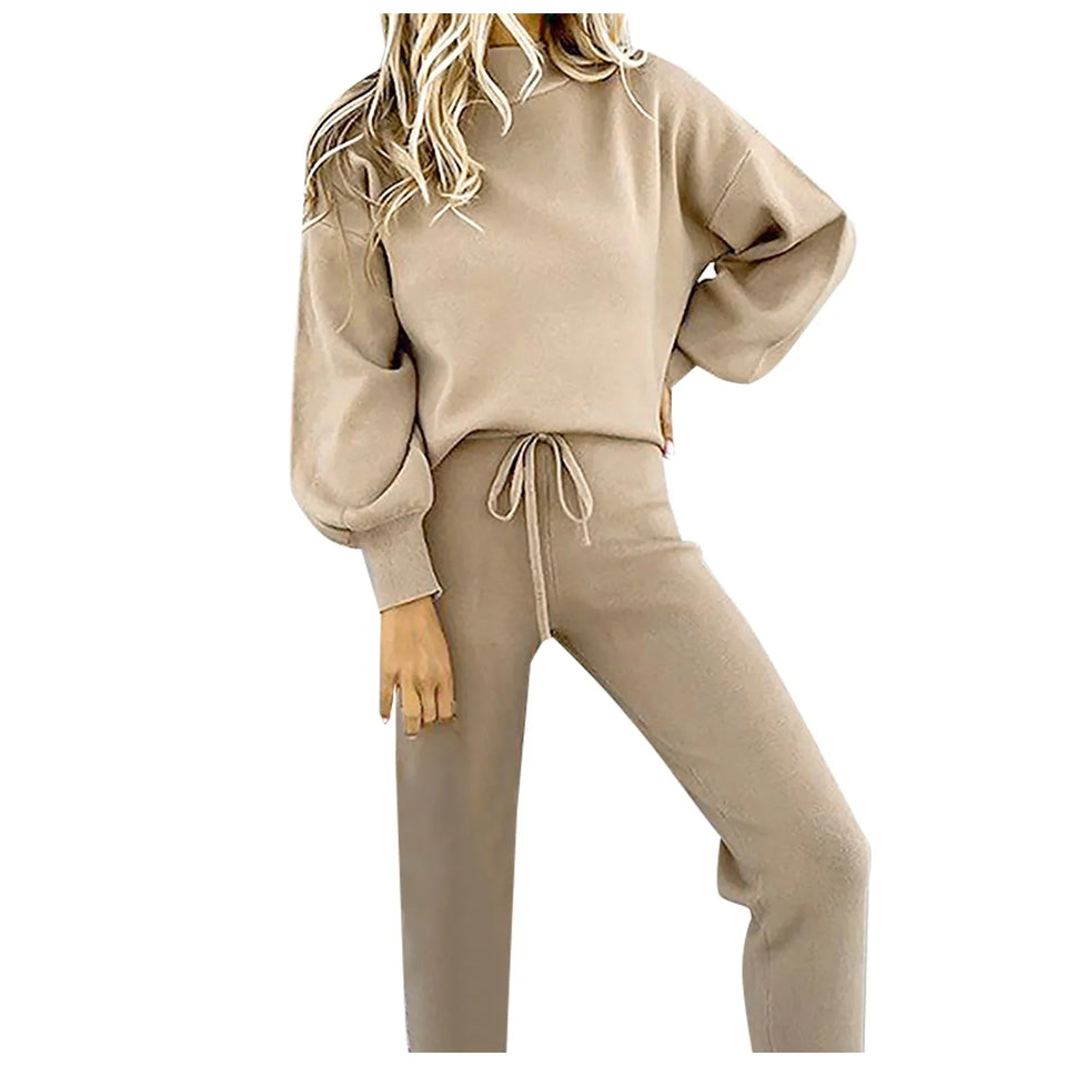 Completo sportivo da donna in tinta unita, casual, alla moda, con maniche lunghe, pantaloni larghi e stile streetwear.