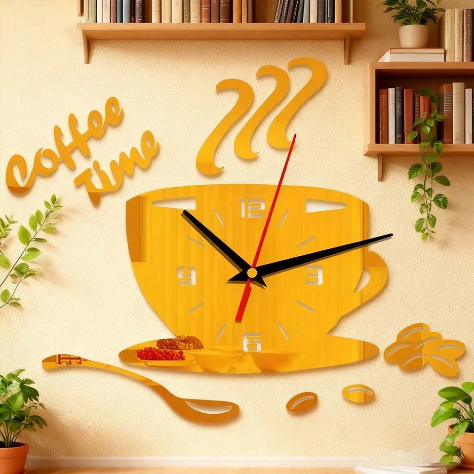 Coffee Cup Wall Stickers Creative Diy Acrylic Mirror Wall Clock Simple Home Decoration Mute Quartz Clock Without Battery