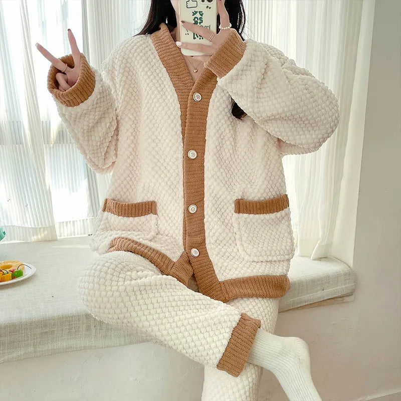 Camicia da notte premaman in flanella spessa, stile autunno inverno, cardigan per l'allattamento, manica lunga, pantaloni lunghi, calda camicia da notte per l'allattamento