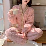 Pigiama in pile spesso da donna, set di vestiti invernali per la casa, design simpatico cartone animato, comodo e caldo, scollo a V, manica lunga