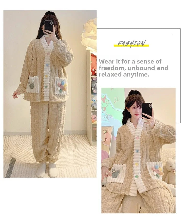 Cardigan lungo invernale da donna con motivo floreale ritagliato, comodo pigiama da casa, taglie forti, scollo a V, manica lunga