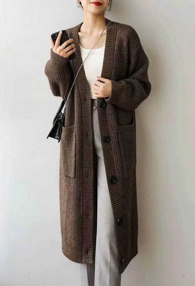 Cardigan giapponese da donna in maglia, di media e lunga lunghezza, in autunno e inverno, retrò, ampio e spesso, per capispalla