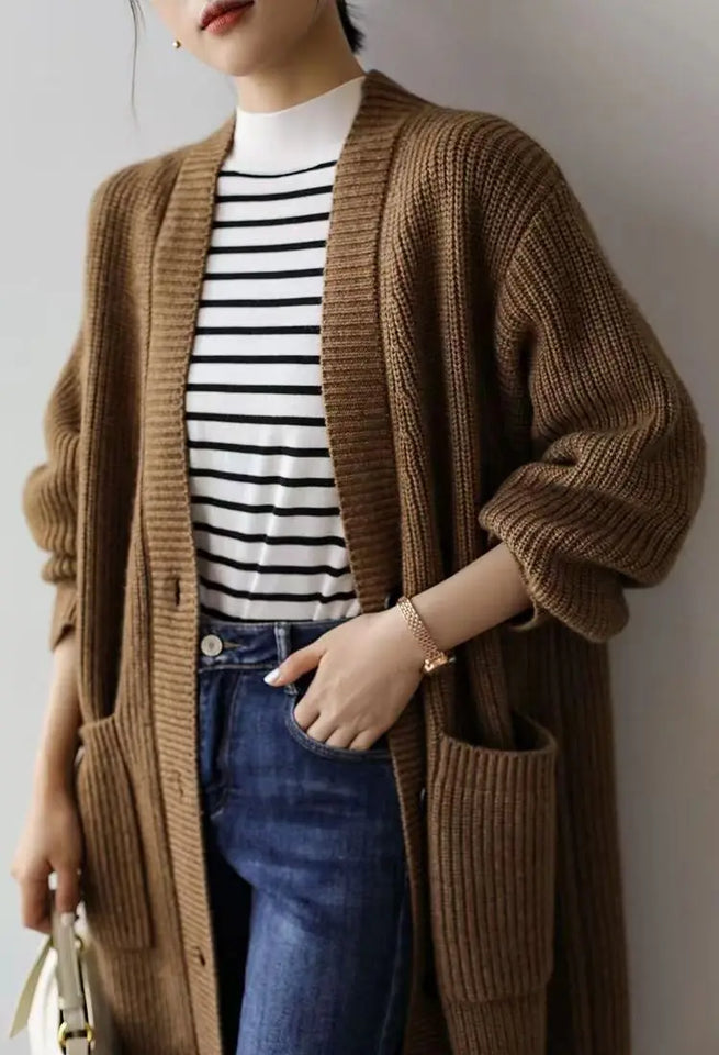 Cardigan giapponese da donna in maglia, di media e lunga lunghezza, in autunno e inverno, retrò, ampio e spesso, per capispalla