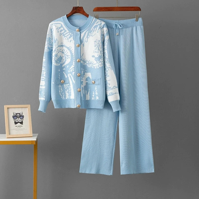 SINGREINY Set da 2 pezzi da donna in maglia jacquard invernale con monopetto e pantaloni lunghi a gamba larga, casual e sportivi