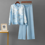 SINGREINY Set da 2 pezzi da donna in maglia jacquard invernale con monopetto e pantaloni lunghi a gamba larga, casual e sportivi