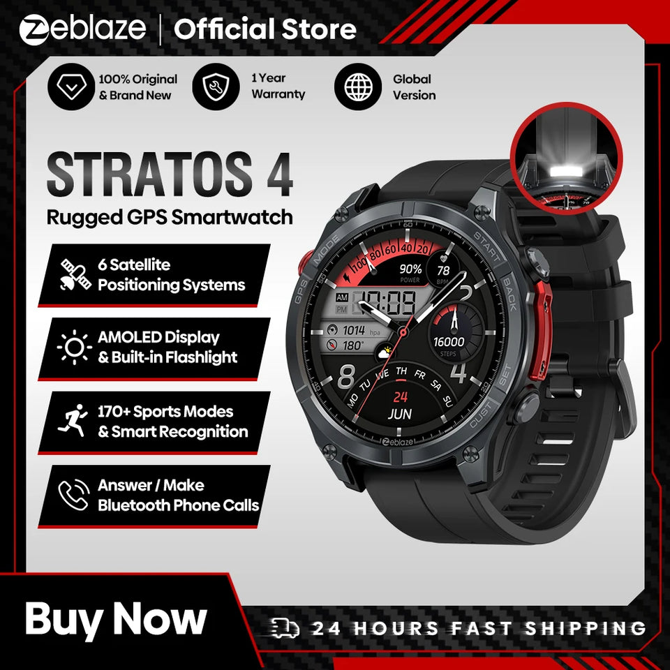 NUOVO Zeblaze Stratos 4 GPS Smart Watch Display AMOLED da 1,43 pollici Bussola integrata Altimetro barometrico Torcia Chiamata vocale Smartwatch