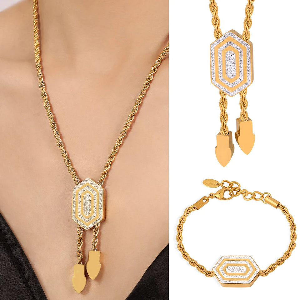 Set di bracciale e collana per donna, catena intrecciata con ciondolo esagonale in zirconia cubica, gioielli in acciaio inossidabile di alta qualità all'ingrosso